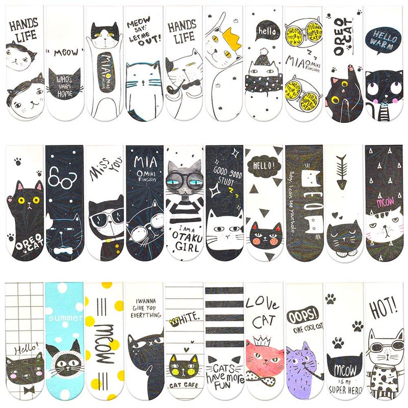 IYOOH 30 Pieces Cute Magnetic Bookmarks Bulk for Women/Men, Dual Sided Rainbow Film Laminated Page Clips, Plain Magnet Page Markers, Cool Paper Bookmarks for Students Reading Giveaways (Cat) - Image 1